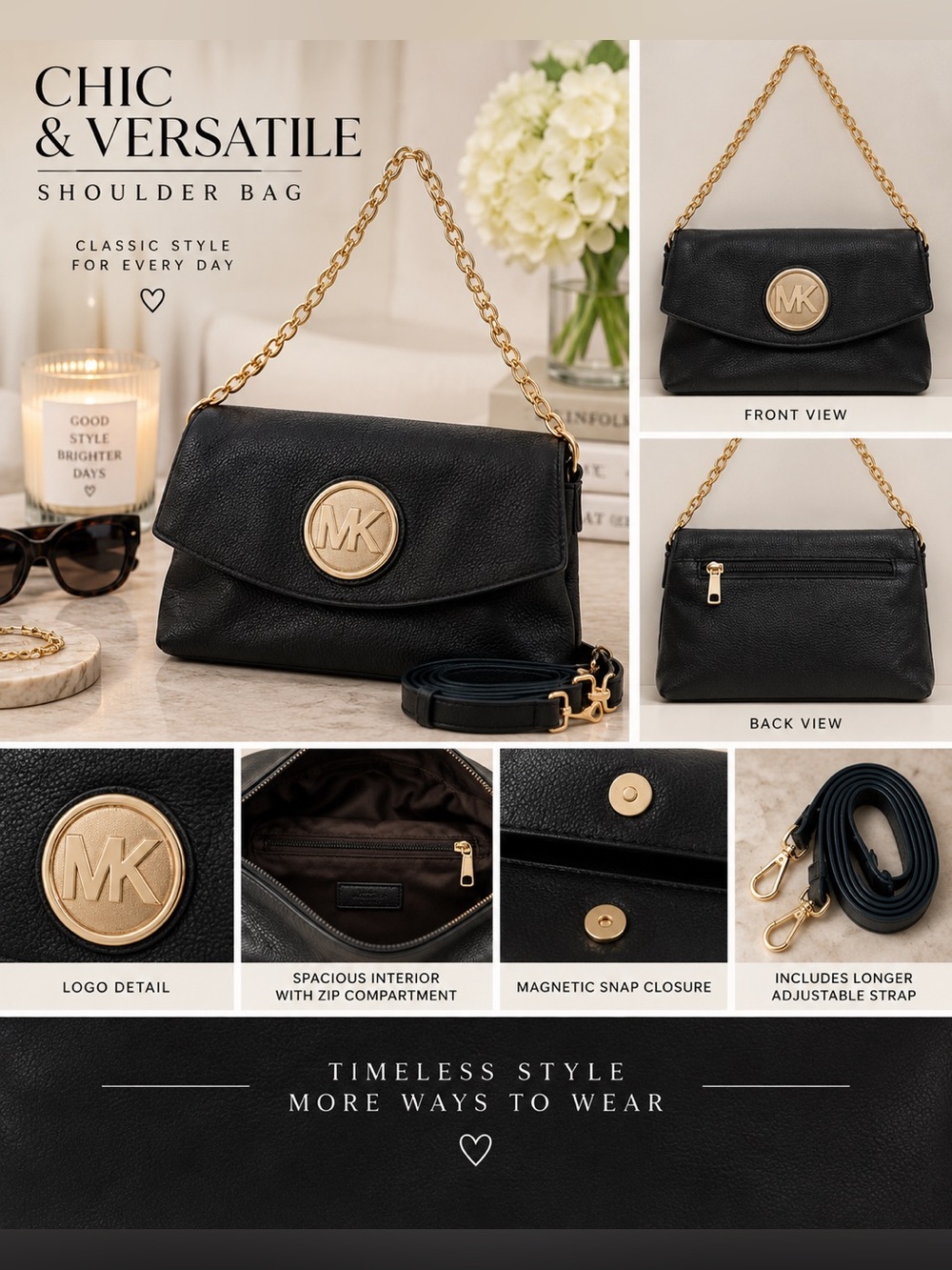 Black Faux Leather Shoulder Bag with Gold Chain Strap, NWT
